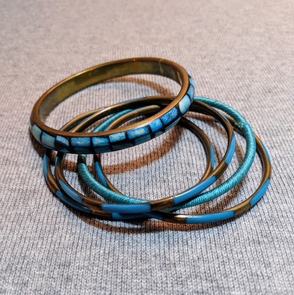 Gold and Turquoise Enamel Bangle Bracelet Set - Picture 2 of 4
